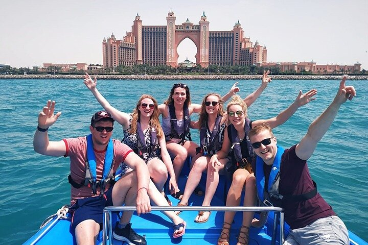 Experience the joy of cruising through Dubai’s sparkling waters capturing stunning views of Palm Jumeirah and the iconic Atlantis all while soaking up the sun with friends.